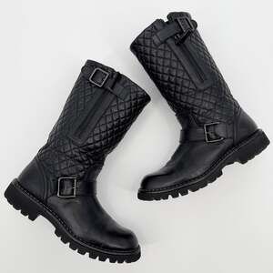 Chanel Boots Quilted Leather CC Logo Biker Moto Engineer Black 36.5